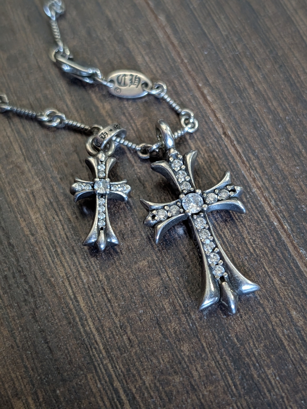 CH 925 Sterling Silver Gothic Double Cross Pendant Necklace W/ 24 Gems 15.5g